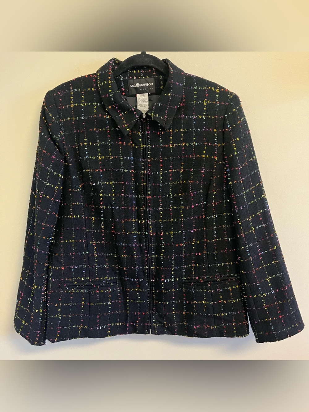Sag Harbor Black Tweed Zip Jacket with Multicolor Plaid 14 Petite